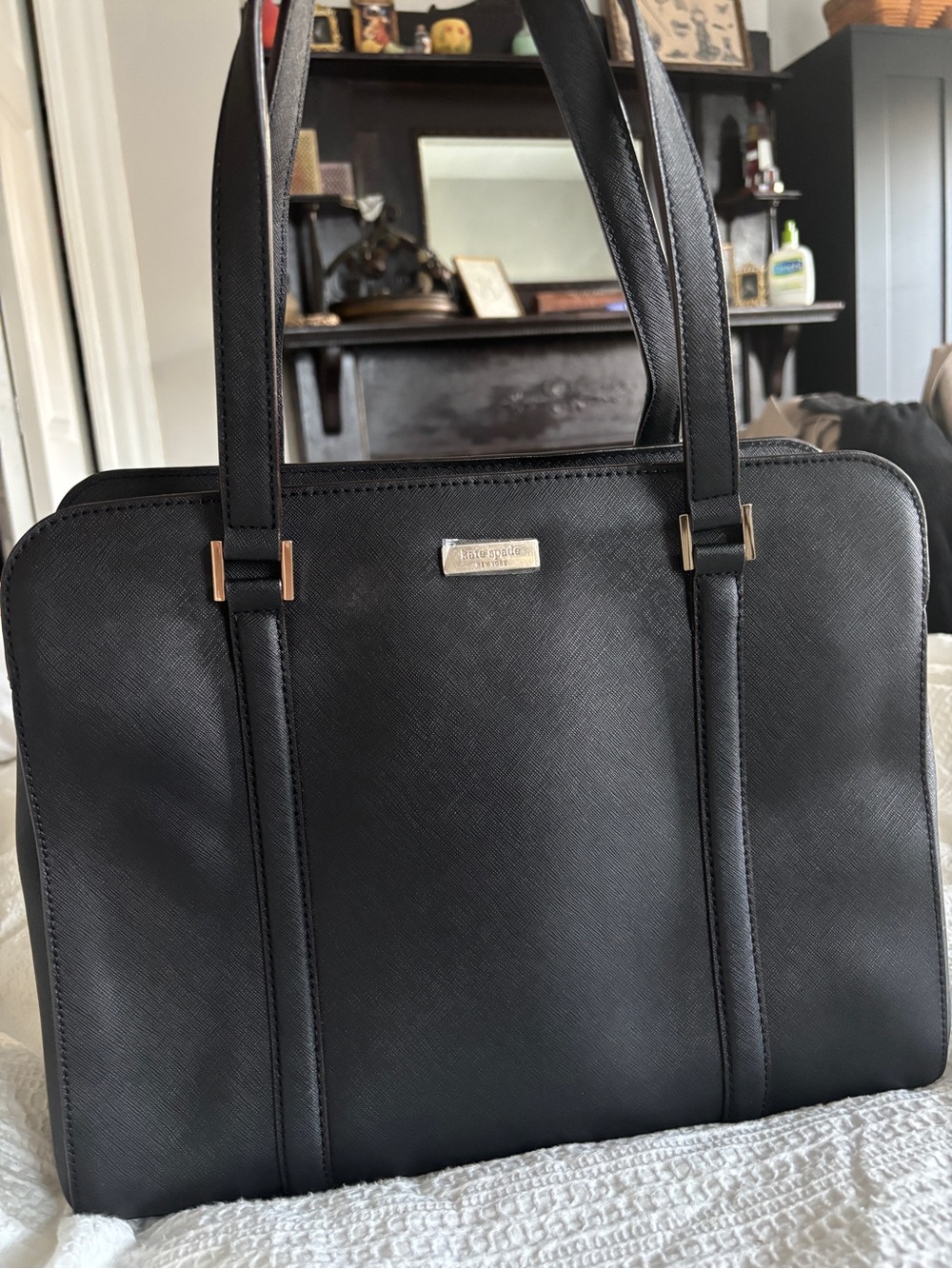 Kate Spade Newbury Lane Cadene Black Saffiano Leather Gold Hardware Candy Stripe